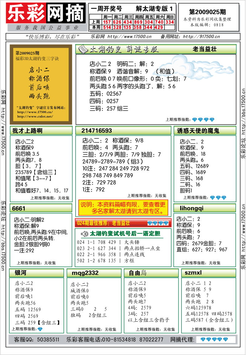 福彩3D第2009025期解太湖钓叟总汇