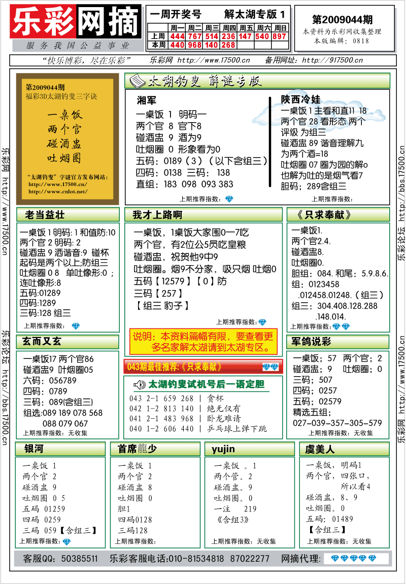 福彩3D第2009044期解太湖钓叟总汇