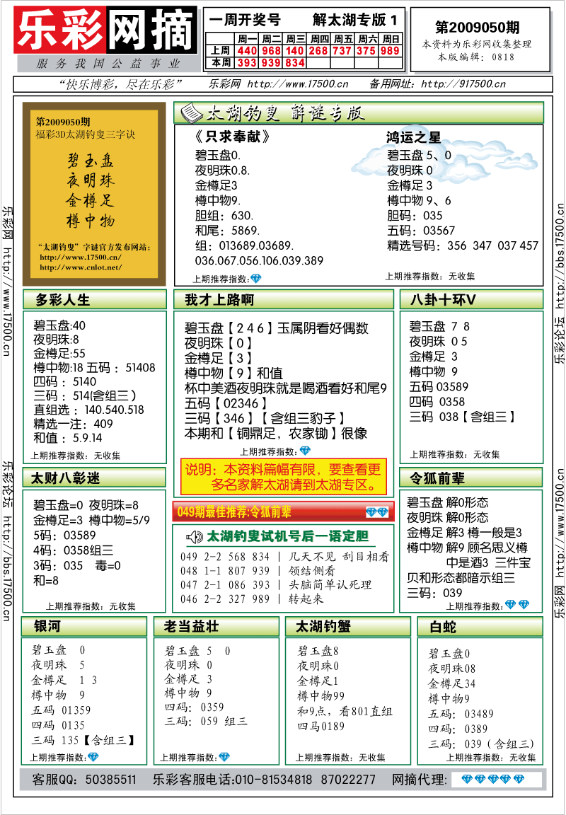 福彩3D第2009050期解太湖钓叟总汇