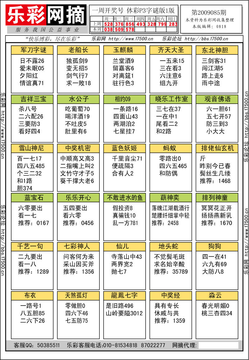 排列三第2009085期字谜总汇