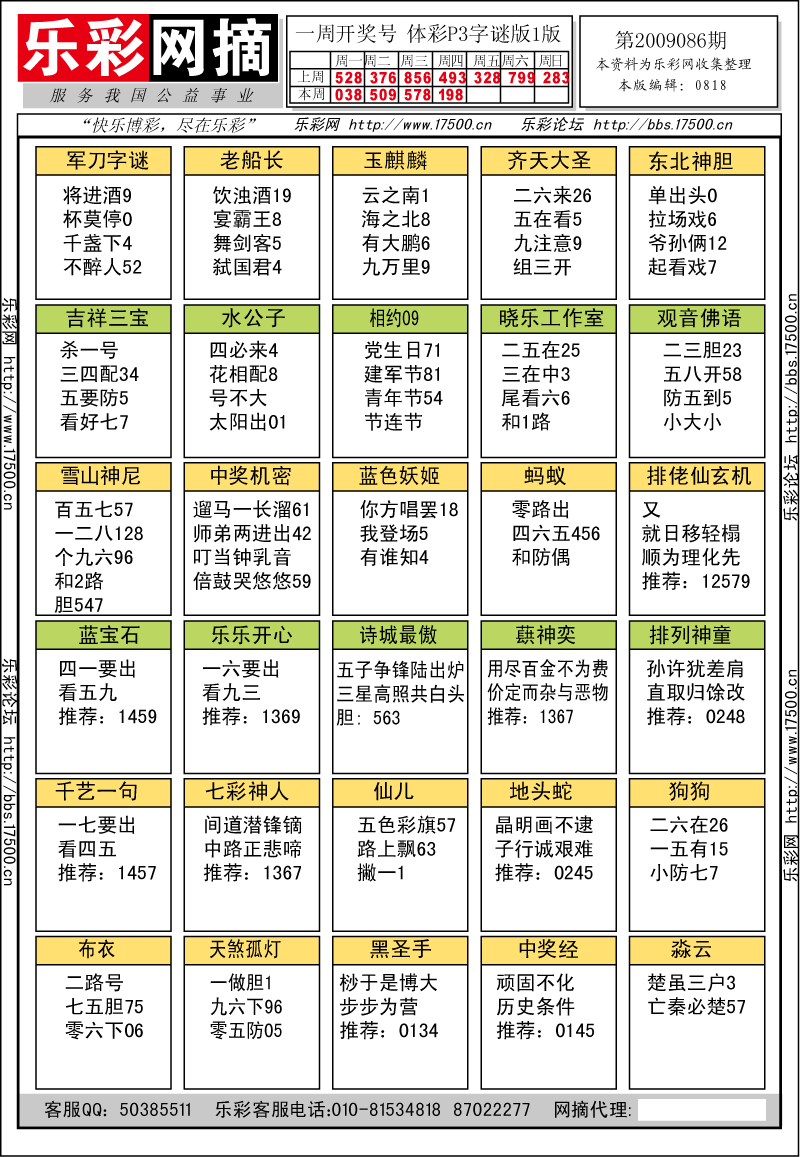 排列三第2009086期字谜总汇