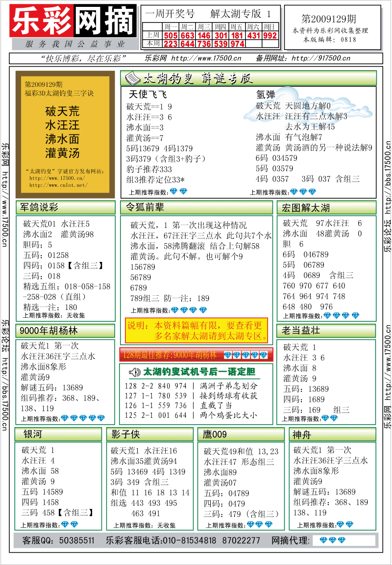 福彩3D第2009129期解太湖钓叟总汇