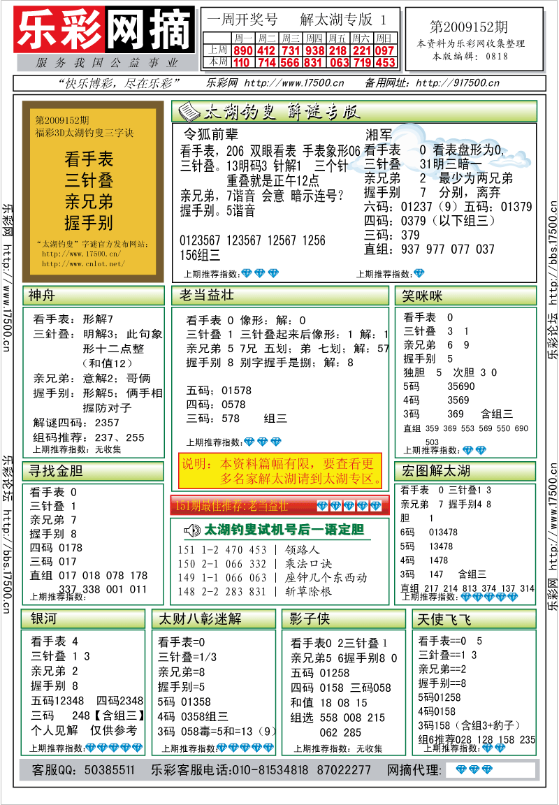 福彩3D第2009152期解太湖钓叟总汇