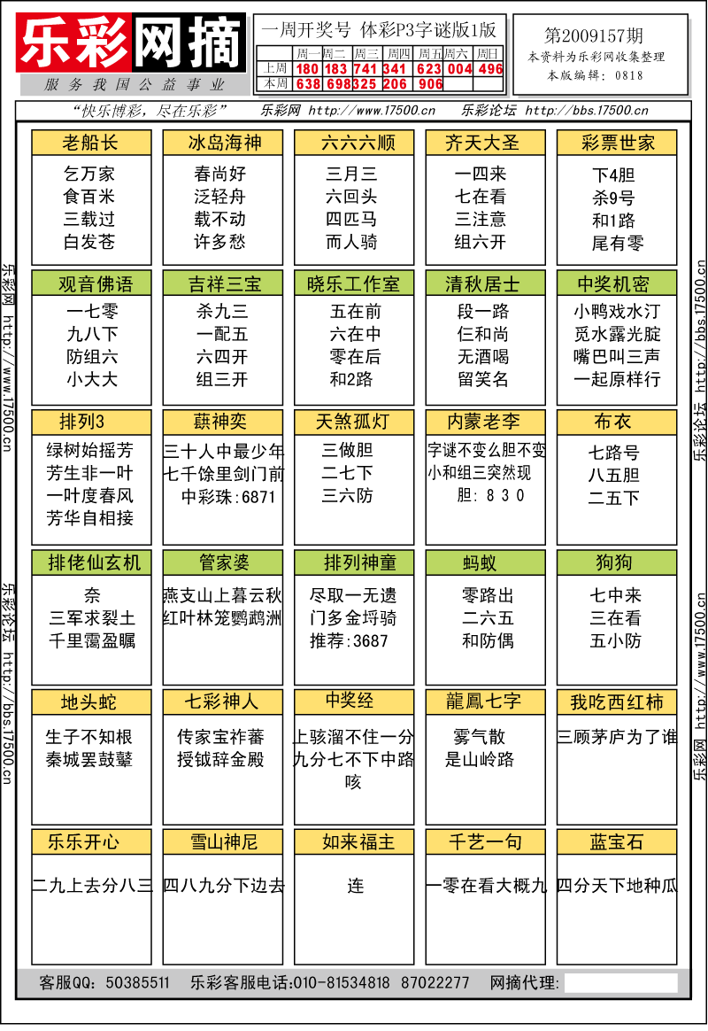 排列三2009157期★字谜总汇