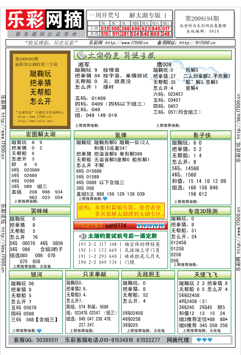 福彩3D第2009194期解太湖钓叟总汇