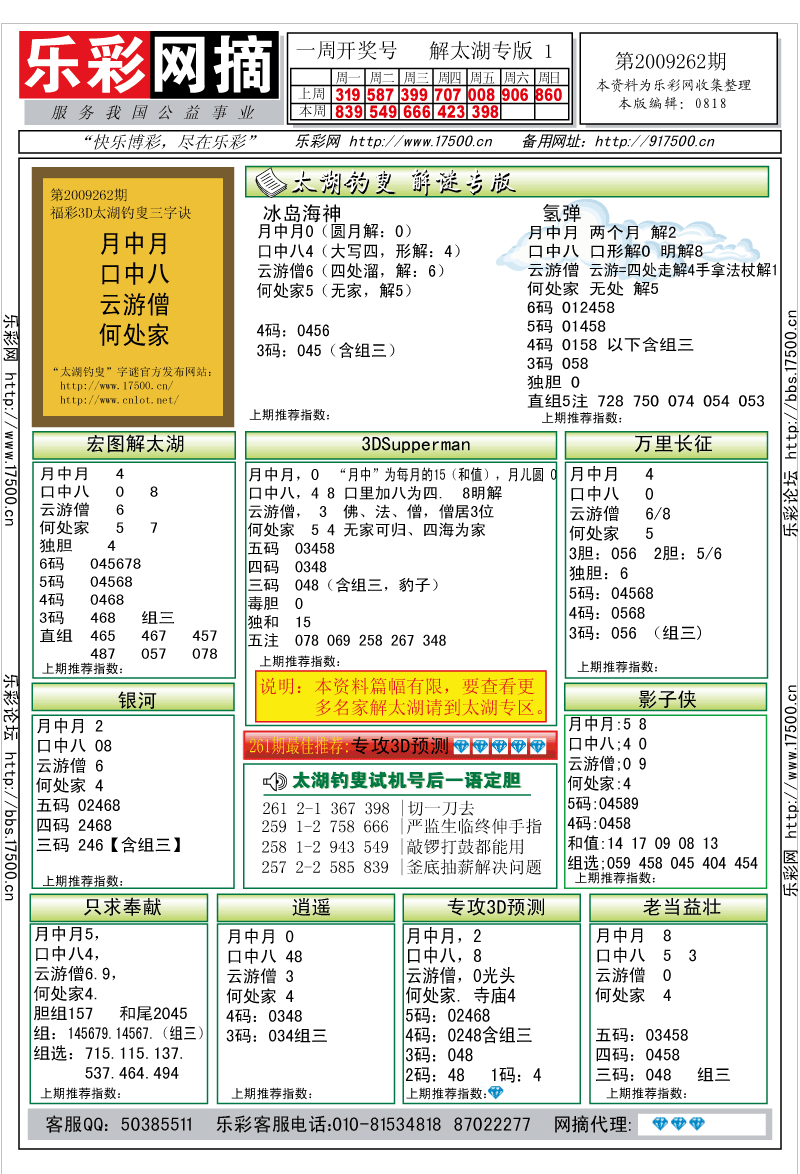 福彩3D第2009262期解太湖钓叟总汇