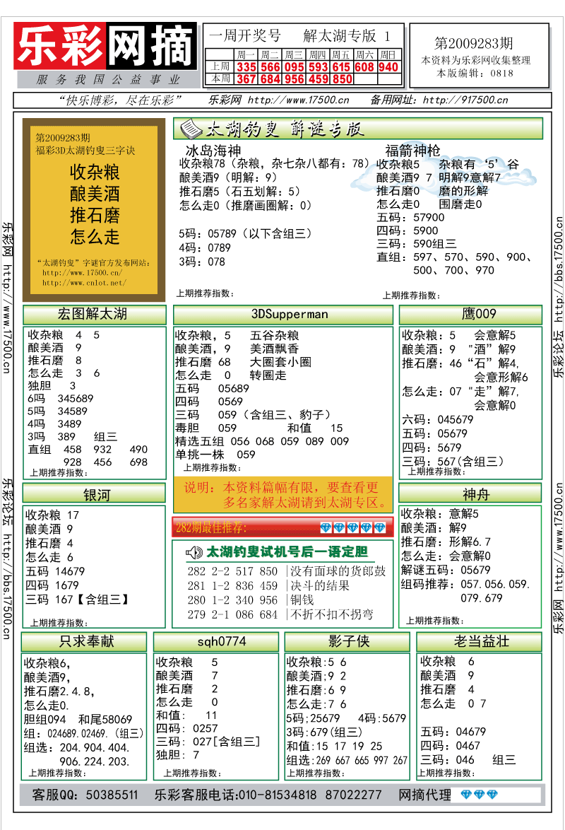 福彩3D第2009283期解太湖钓叟总汇