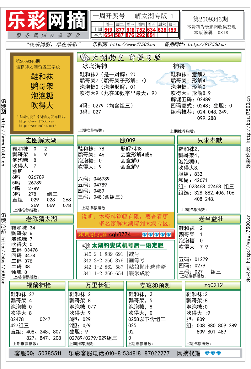 福彩3D第2009346期解太湖钓叟总汇