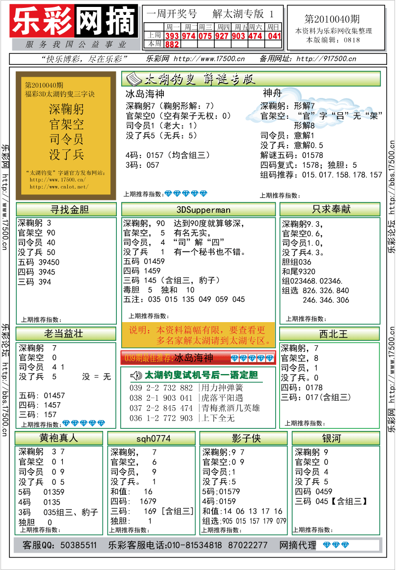 福彩3D第2010040期解太湖钓叟总汇