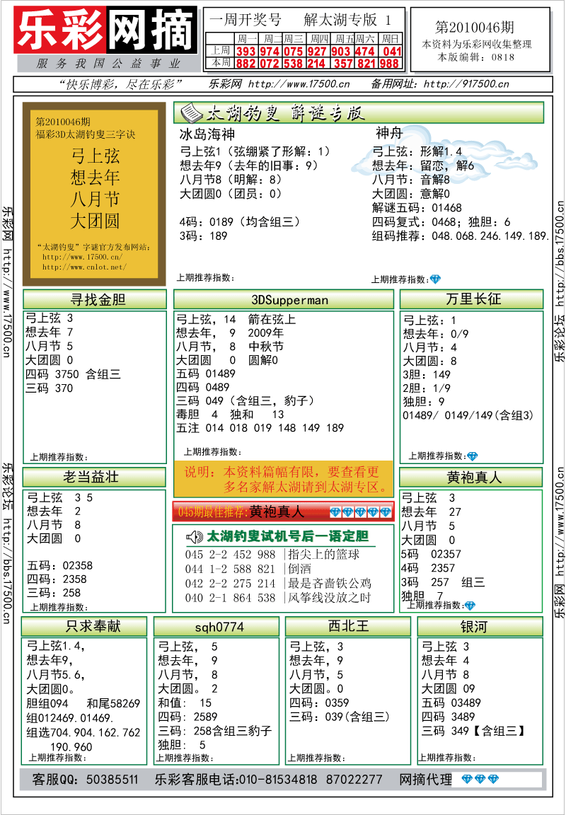 福彩3D第2010046期解太湖钓叟总汇