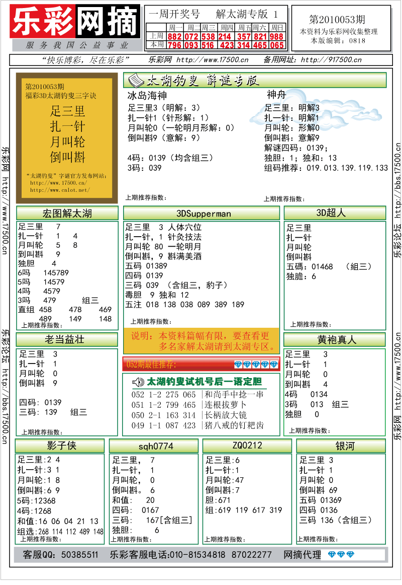 福彩3D第2010053期解太湖钓叟总汇