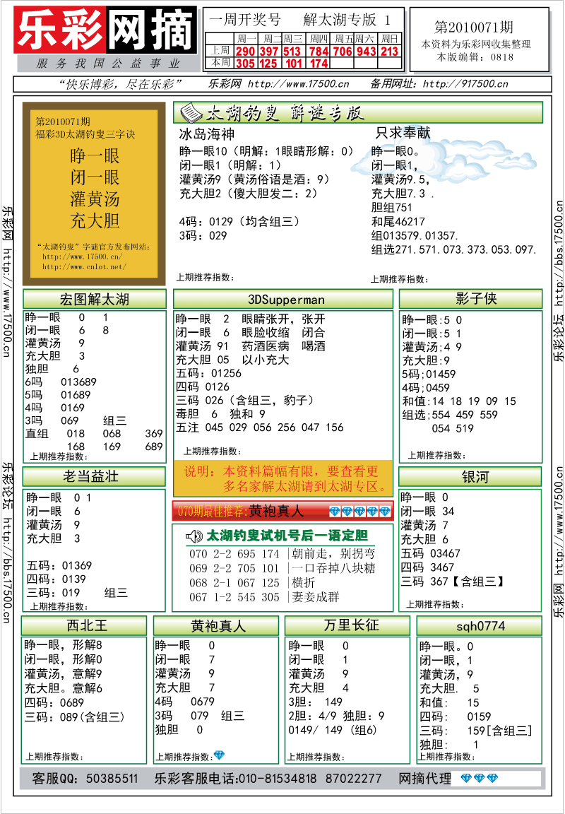 福彩3D第2010071期解太湖钓叟总汇