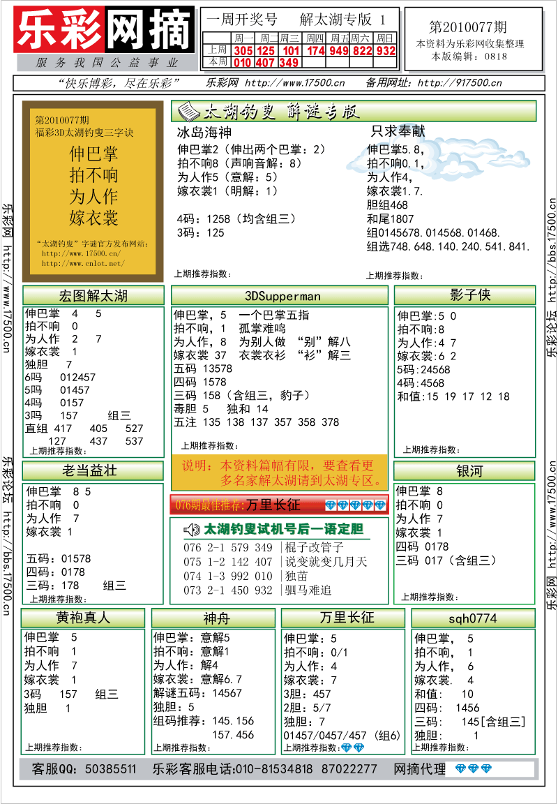 福彩3D第2010077期解太湖钓叟总汇