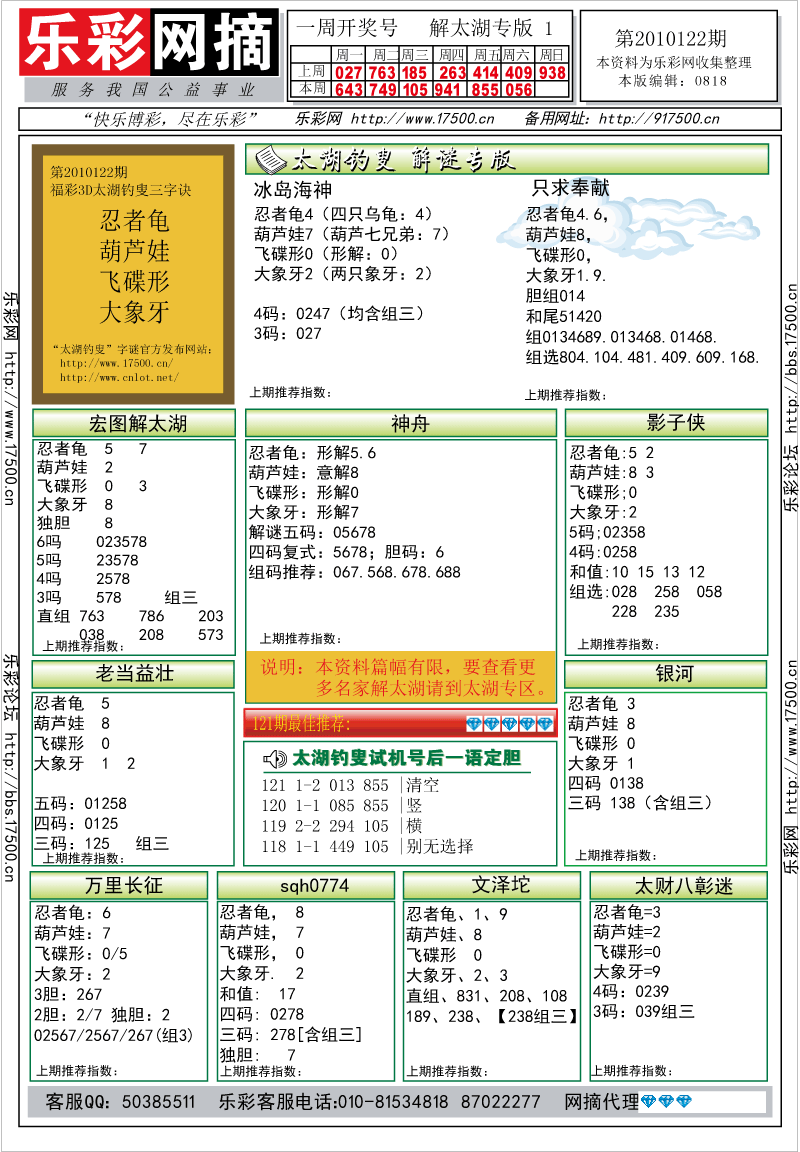 福彩3D第2010122期解太湖钓叟总汇