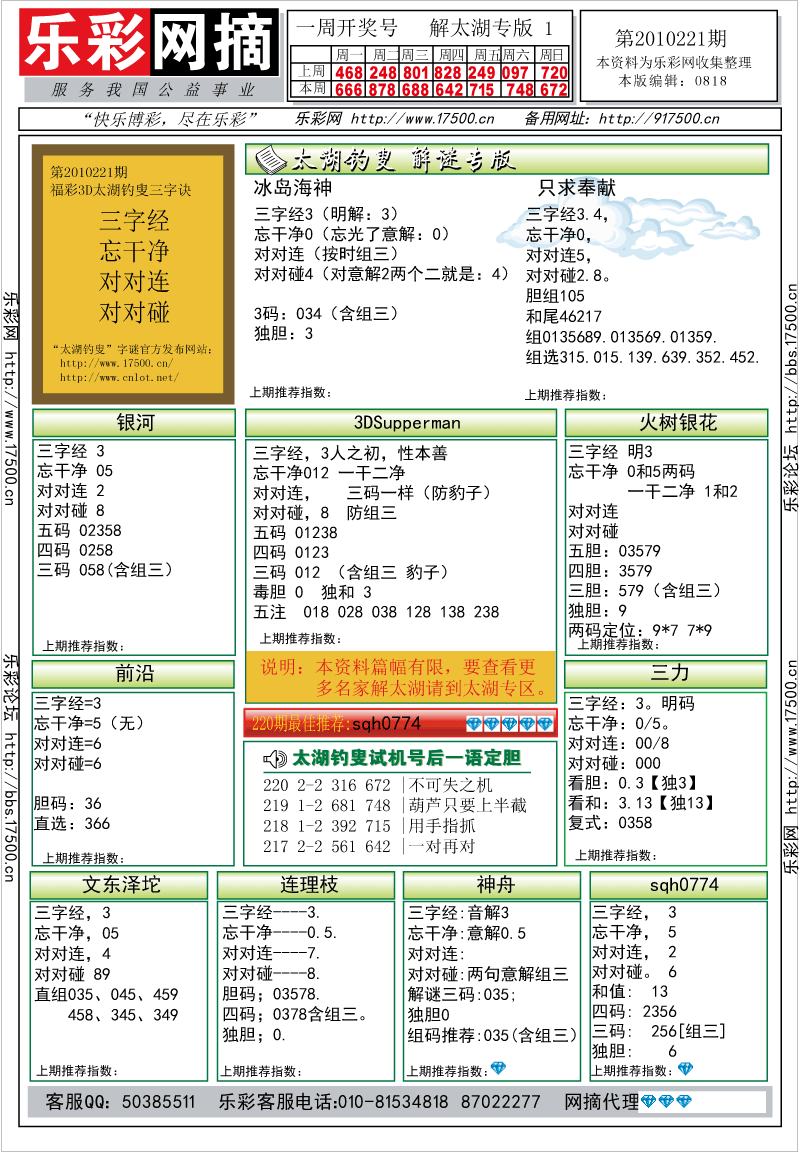 福彩3D第2010221期解太湖钓叟总汇