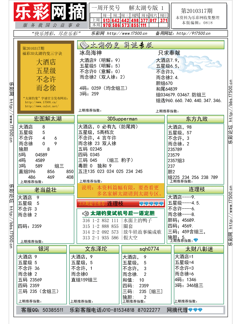 福彩3D第2010317期解太湖钓叟总汇