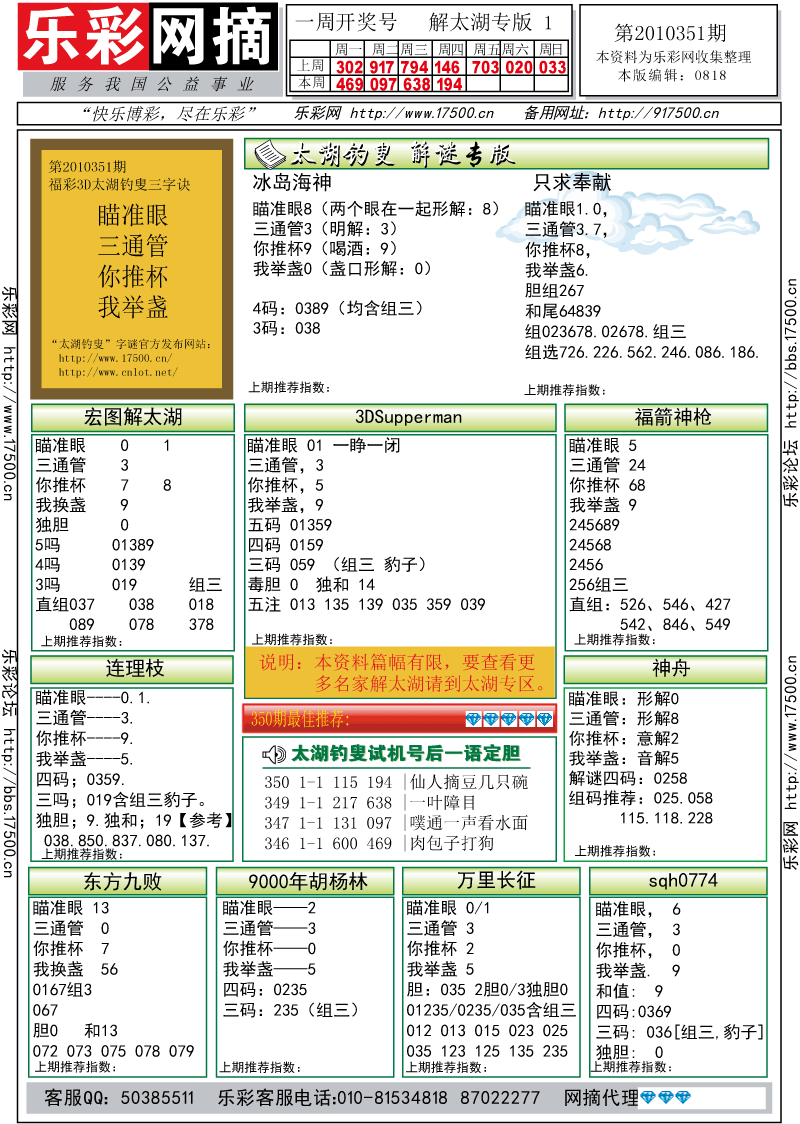 福彩3D第2010351期解太湖钓叟总汇