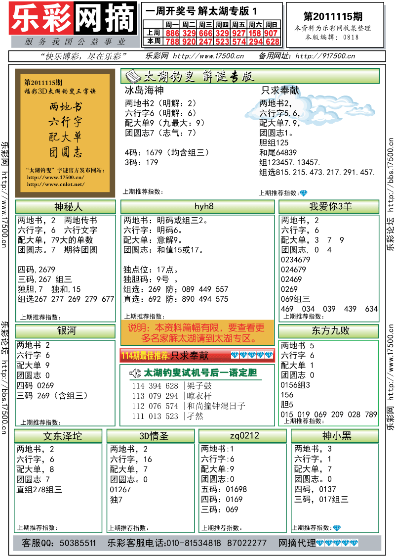 福彩3D第2011115期解太湖钓叟总汇