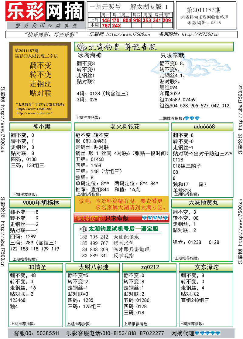 福彩3D第2011187期解太湖钓叟总汇