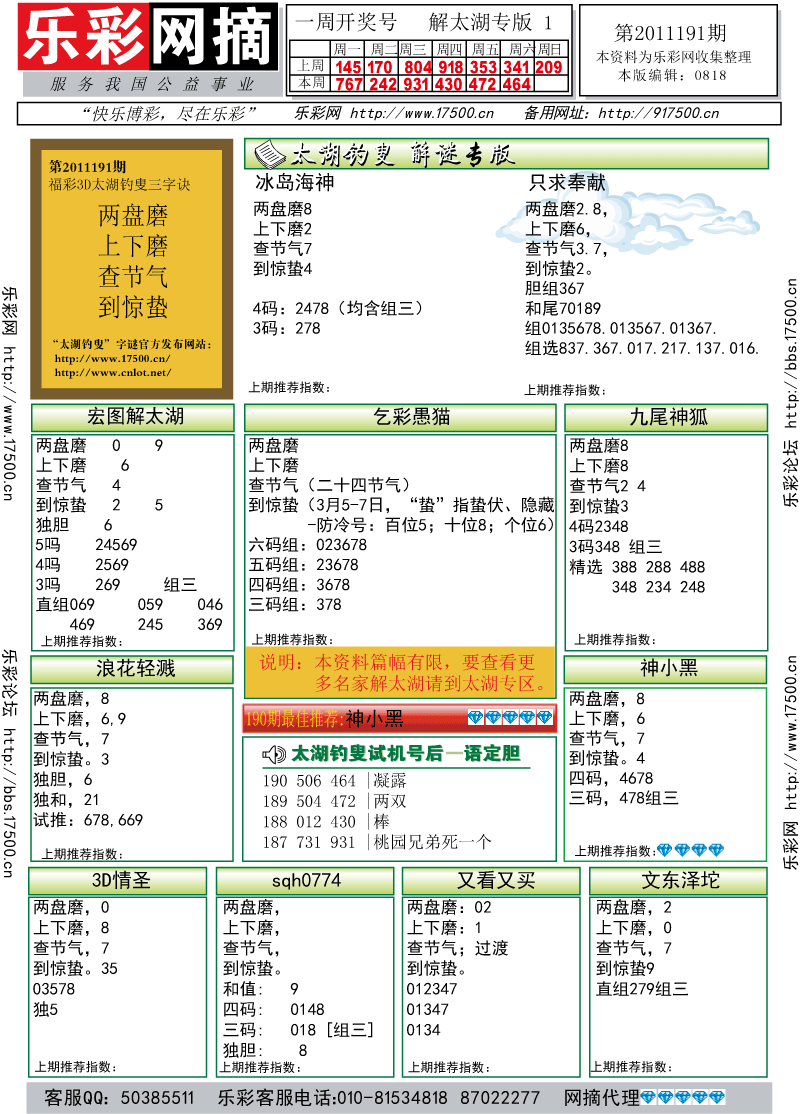 福彩3D第2011191期解太湖钓叟总汇