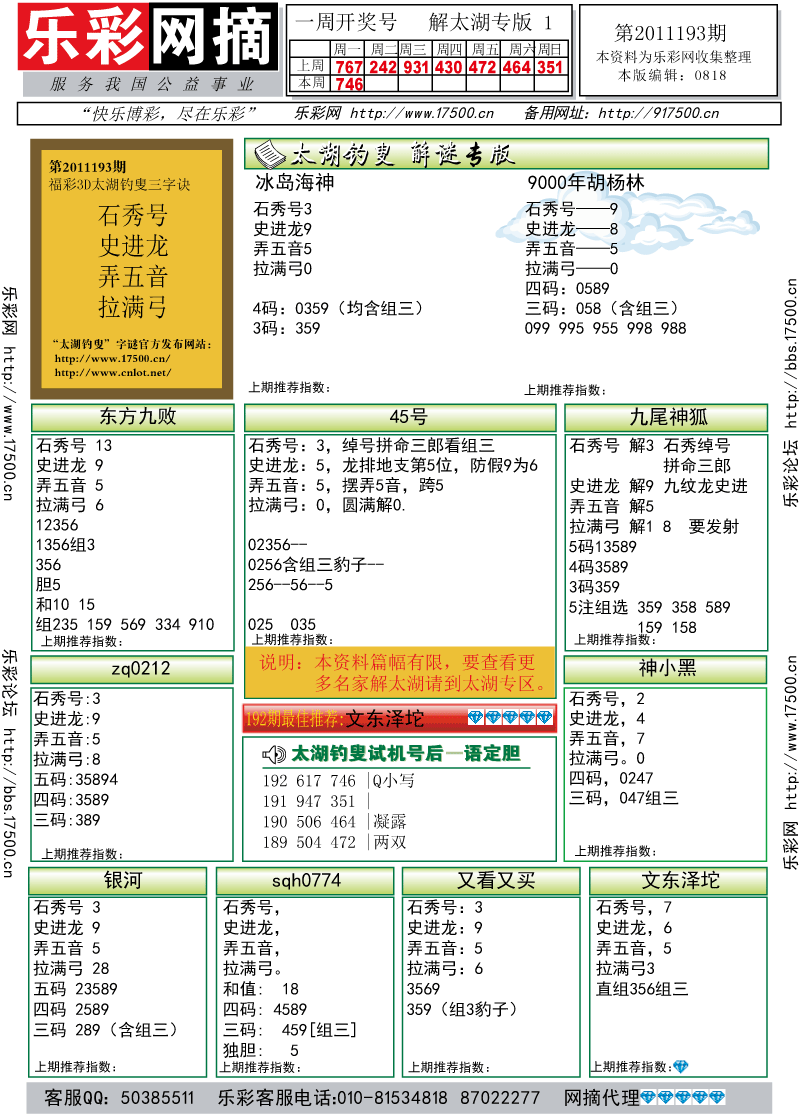 福彩3D第2011193期解太湖钓叟总汇