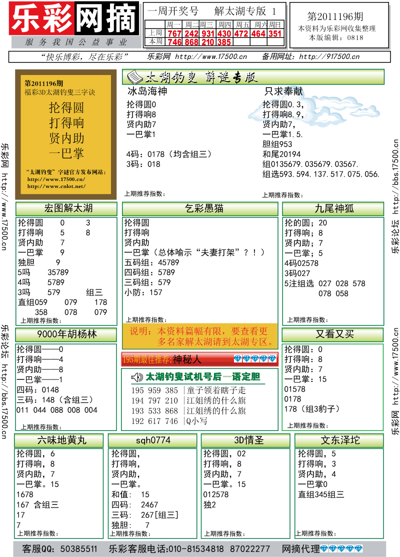 福彩3D第2011196期解太湖钓叟总汇