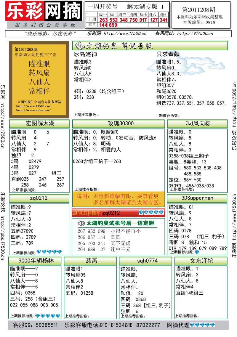 福彩3D第2011208期解太湖钓叟总汇