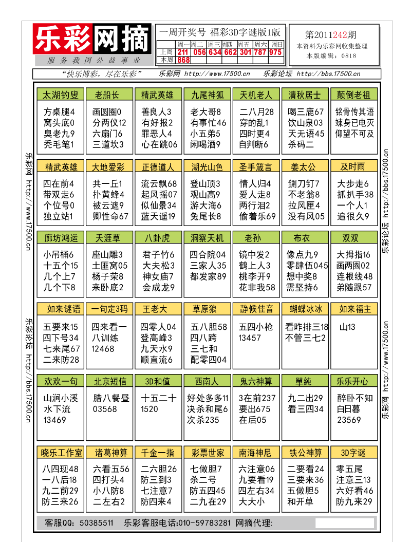 福彩3D第2011242期解太湖钓叟总汇