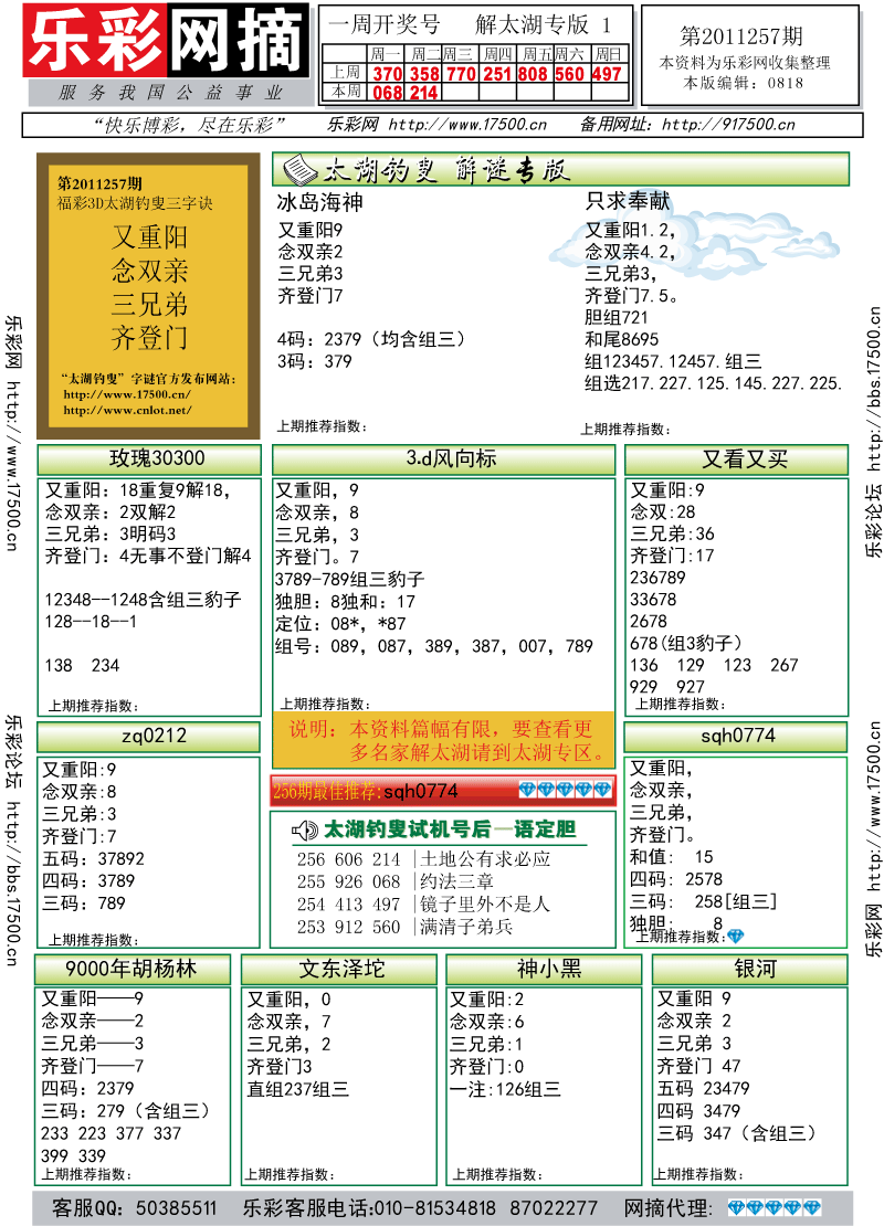 福彩3D第2010257期太湖钓叟