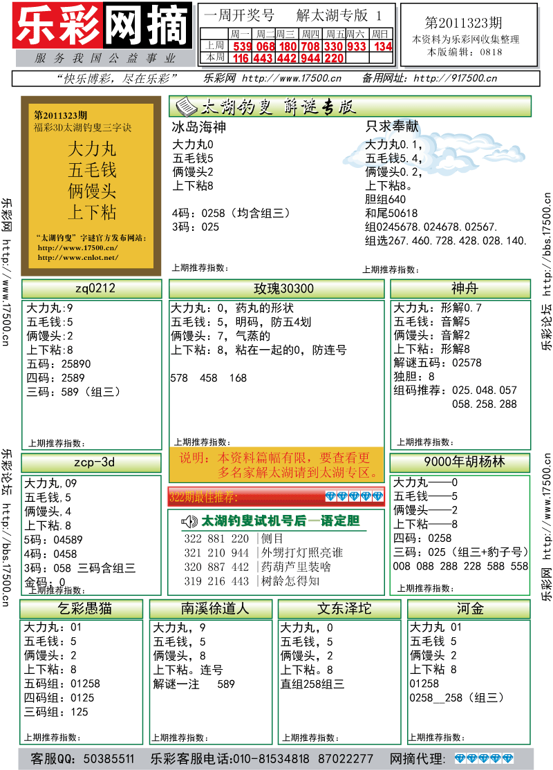 福彩3D第2011323期解太湖钓叟总汇