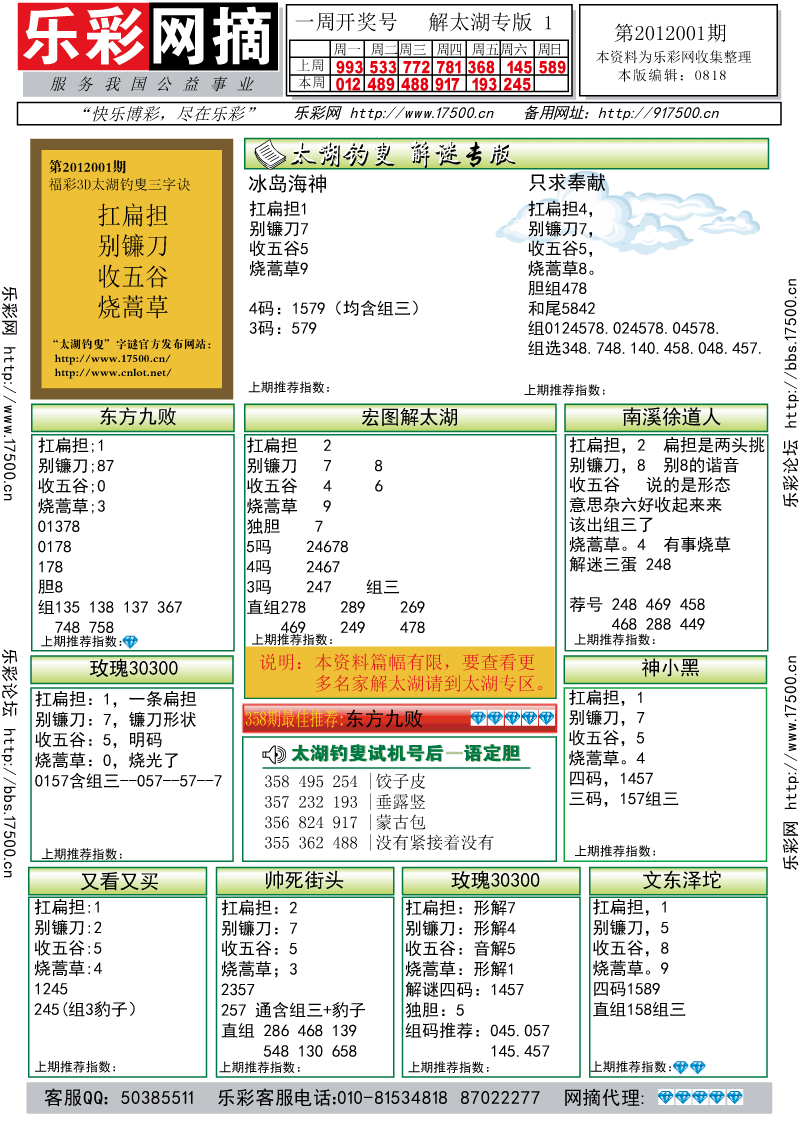福彩3D第2012001期解太湖钓叟总汇