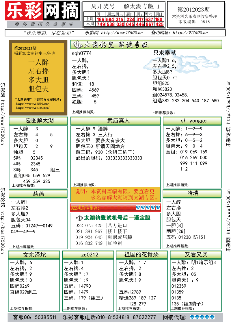 福彩3D第2012023期解太湖钓叟总汇