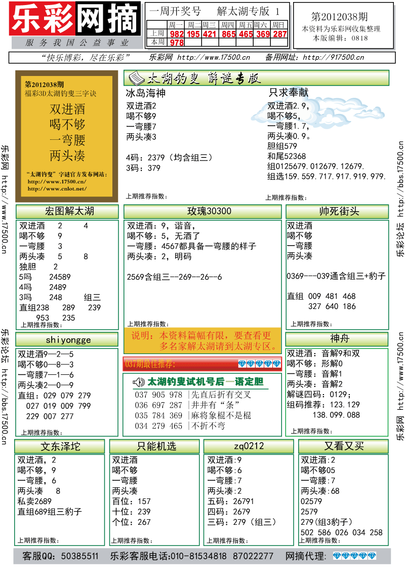 福彩3D第2012038期解太湖钓叟总汇