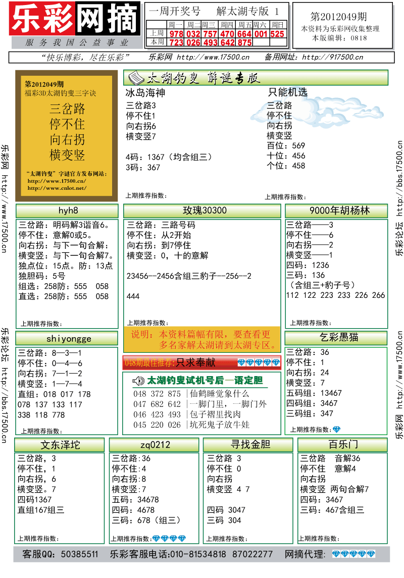 福彩3D第2012049期解太湖钓叟总汇