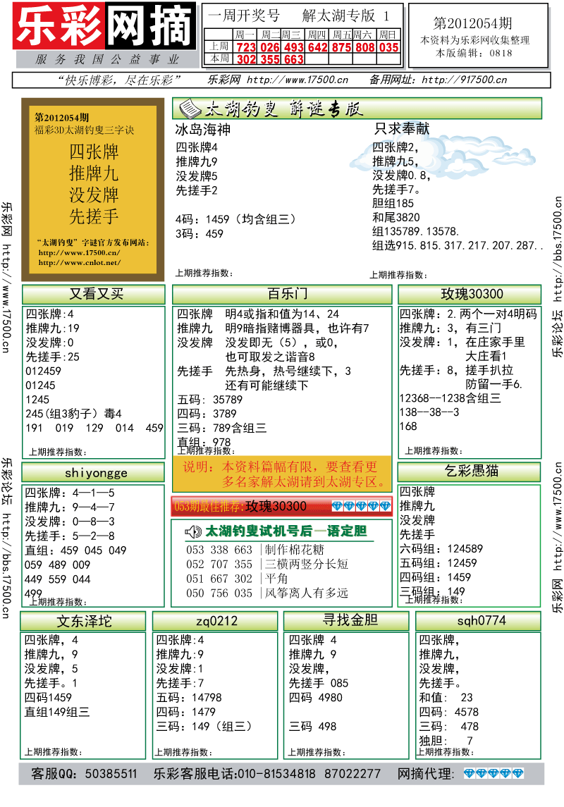 福彩3D第2012054期解太湖钓叟总汇
