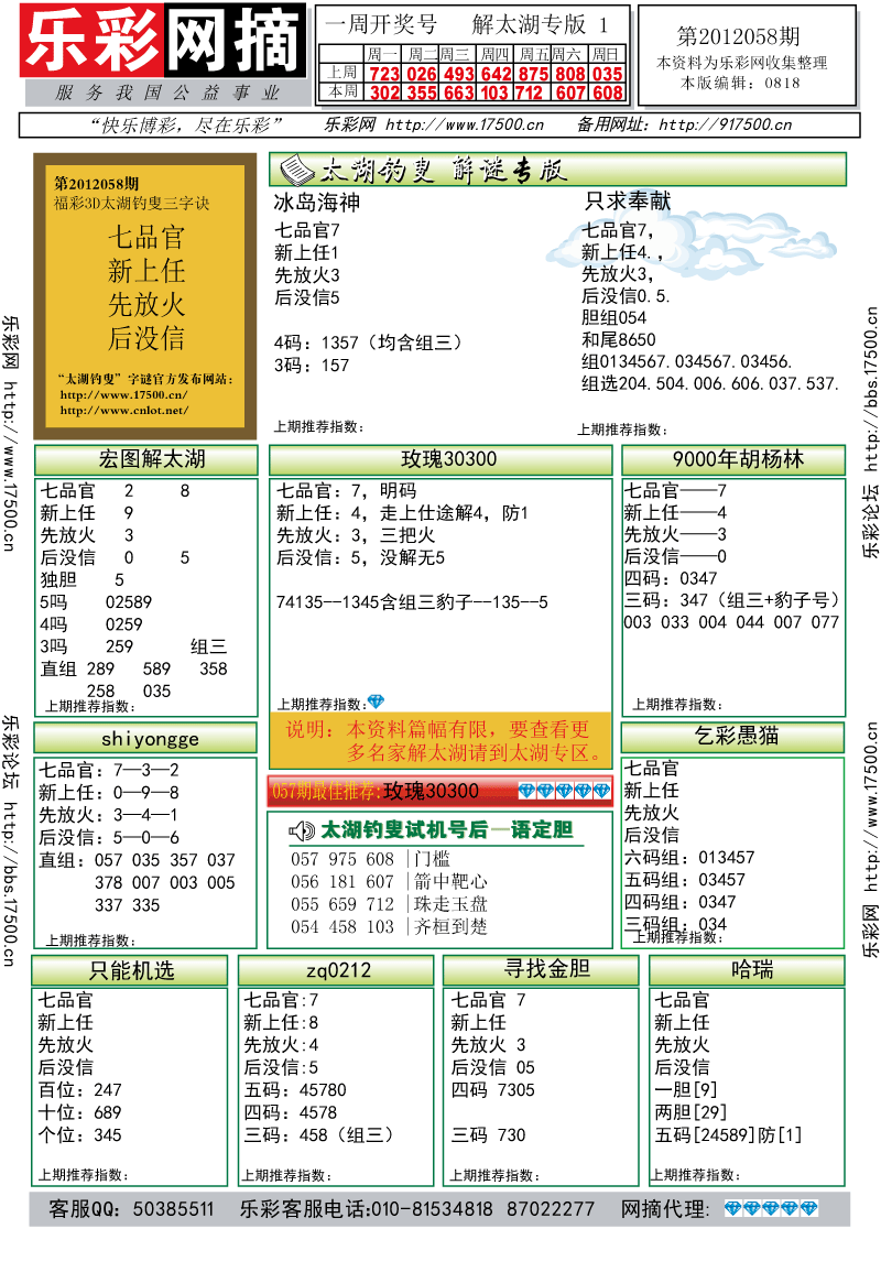 福彩3D第2012058期解太湖钓叟总汇