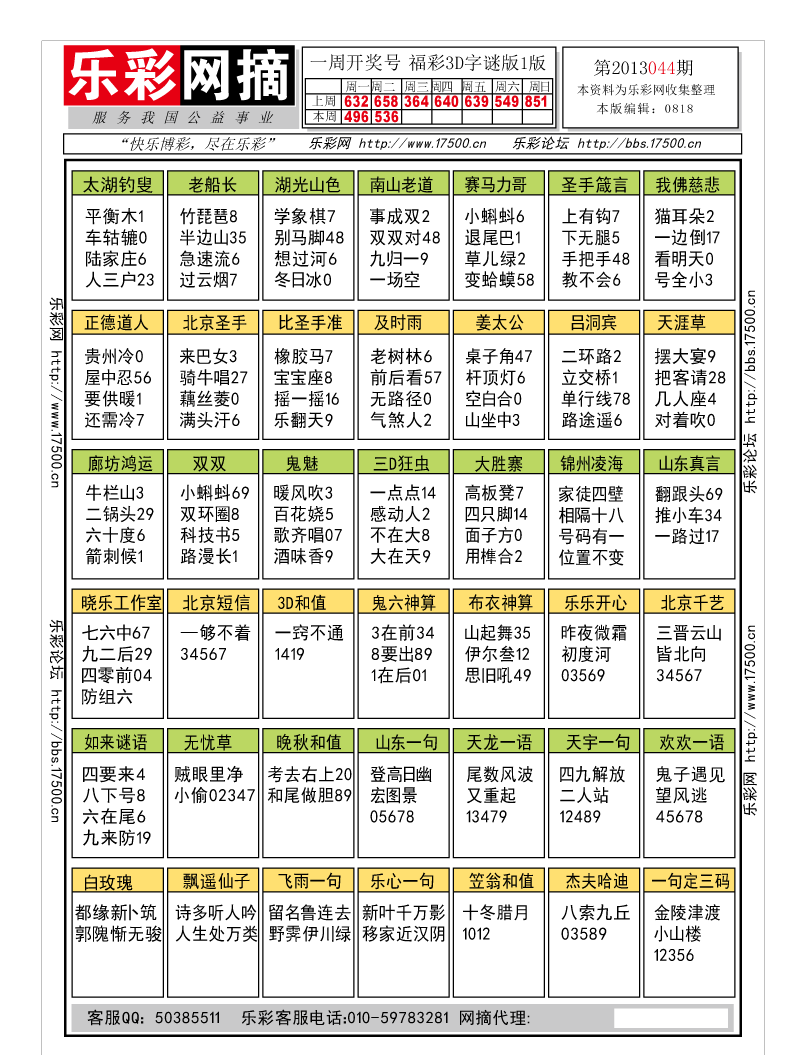 福彩3D第2013044期字谜总汇